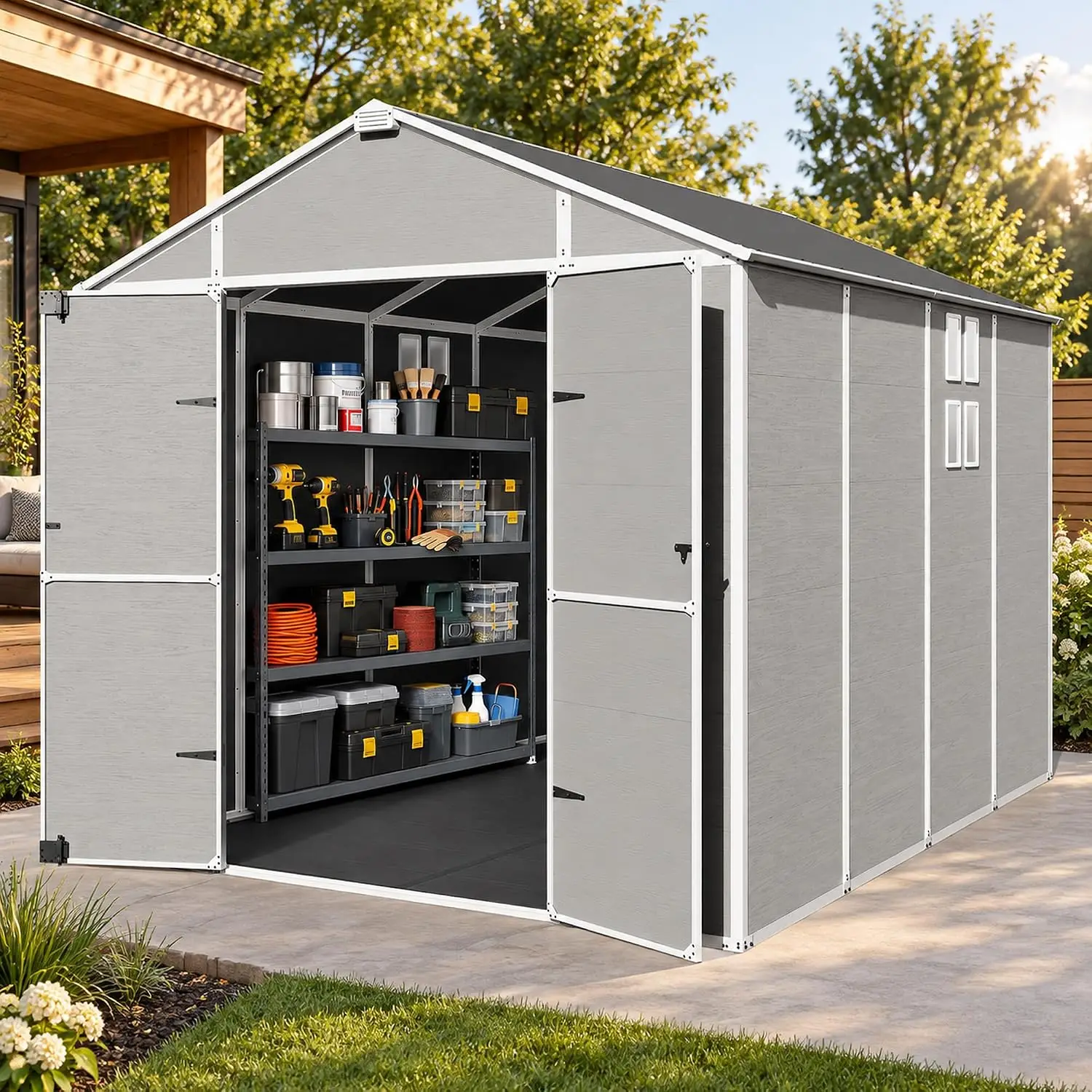 8x10ft Resin Outdoor Storage Shed with Floor, Snap-fit Panels, Reinforced Walls & Lockable Doors for Yard Equipment, Customized
