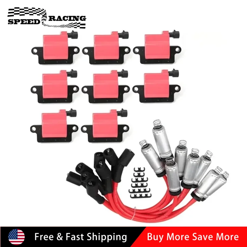 

12556893 38590782 8pcs Square Ignition Coil & Spark Plug Wire Red For 2004-2005 Workhorse Fastrack FT1061 FT1461 FT1601 FT1801