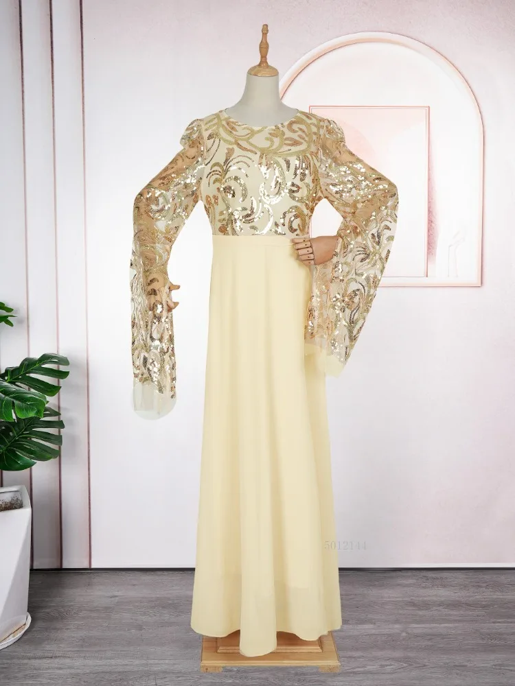 

Африканские свадебные платья для женщин, Дашики, блестки, длинный рукав, элегантное вечернее платье, мусульманское платье макси, большие размеры