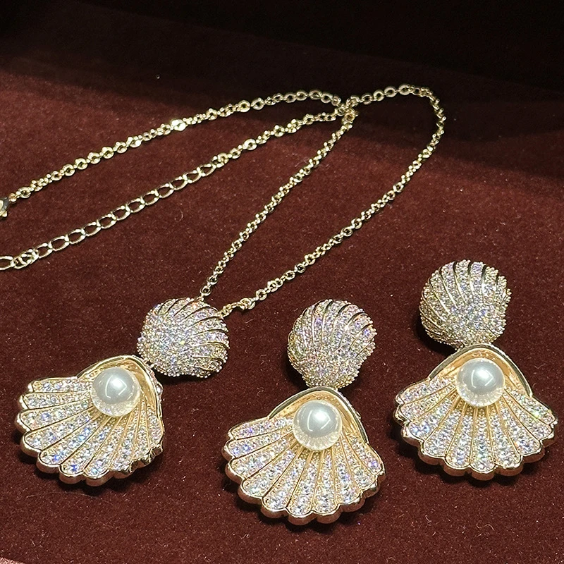 sparking Double Layer Scallop Shell Dangle Earrings Imitation Pearl Statement Ear Accessory