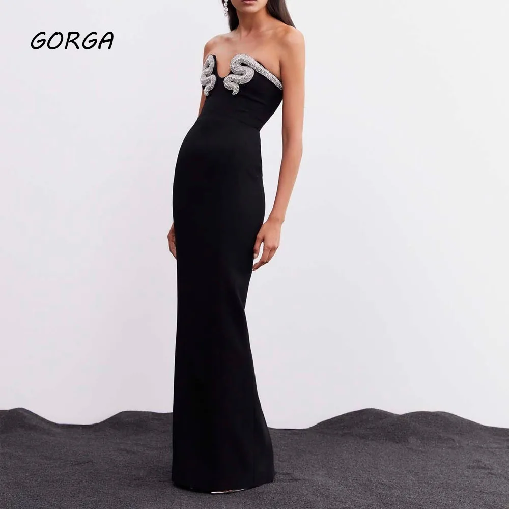 GORGA-vestido de noche con espalda descubierta para mujer, traje ajustado de sirena con apliques de crepé sin tirantes, longitud hasta el suelo, color negro, 2024