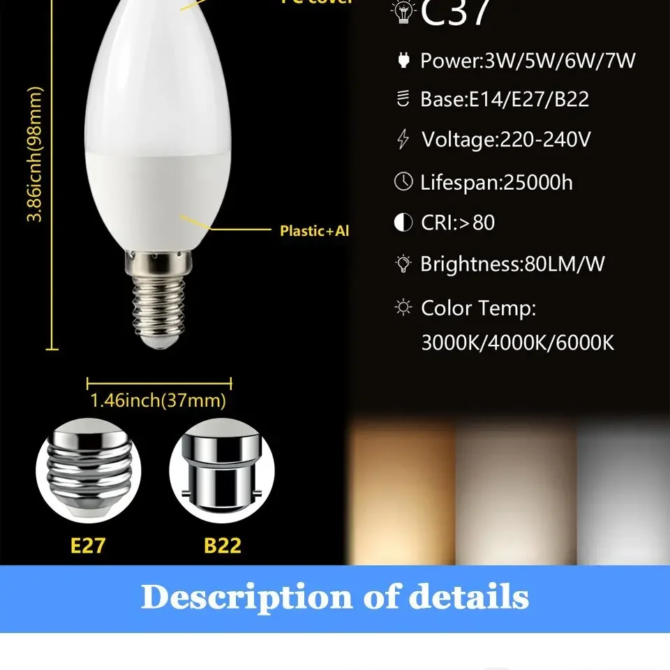 LED 전구 촛불 램프, E14, E27, B22, GU10, MR16, GU5.3, AC220V, 저전력 3W-7W, 높은 루멘 스트로브 없음, 연구 부엌에 적용, 3 개