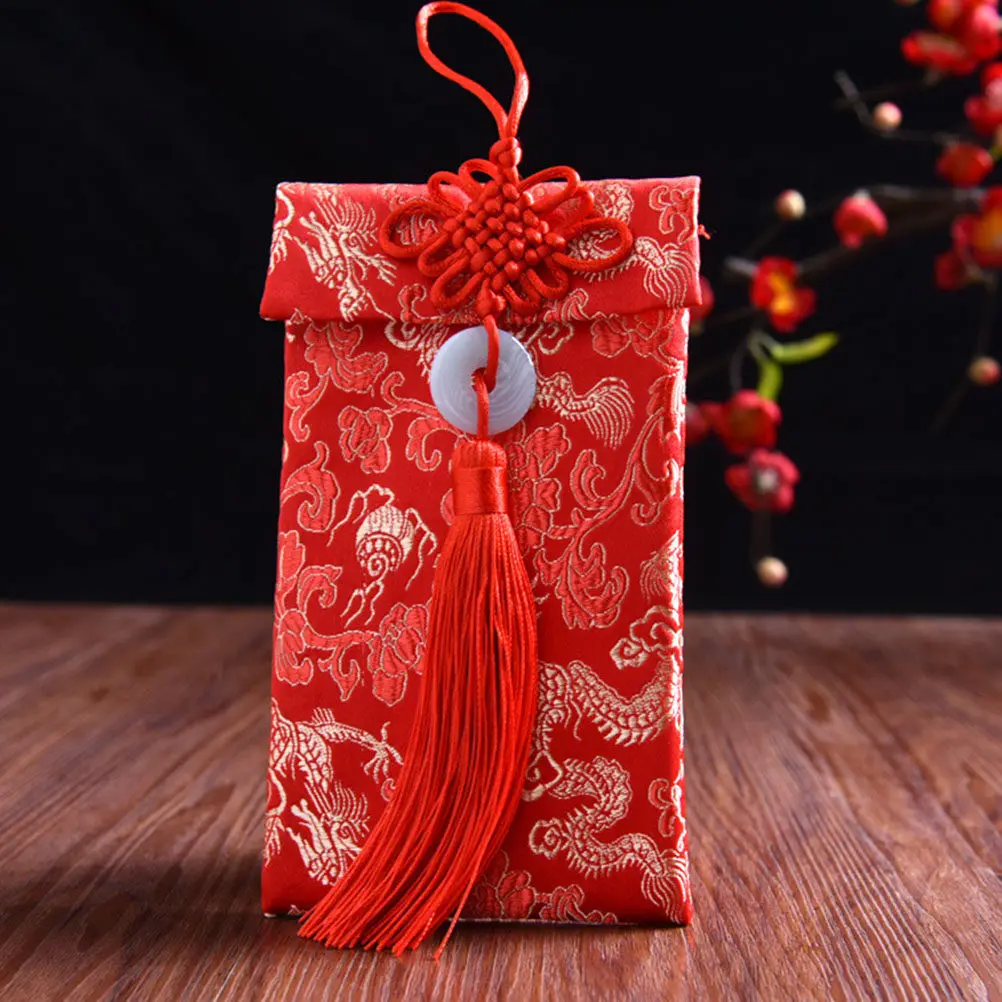 

2Pcs Classic Chinese New Year Red Envelopes Brocade Material Embroidered Design Silk Button Tassel Lucky Money Packet Festival