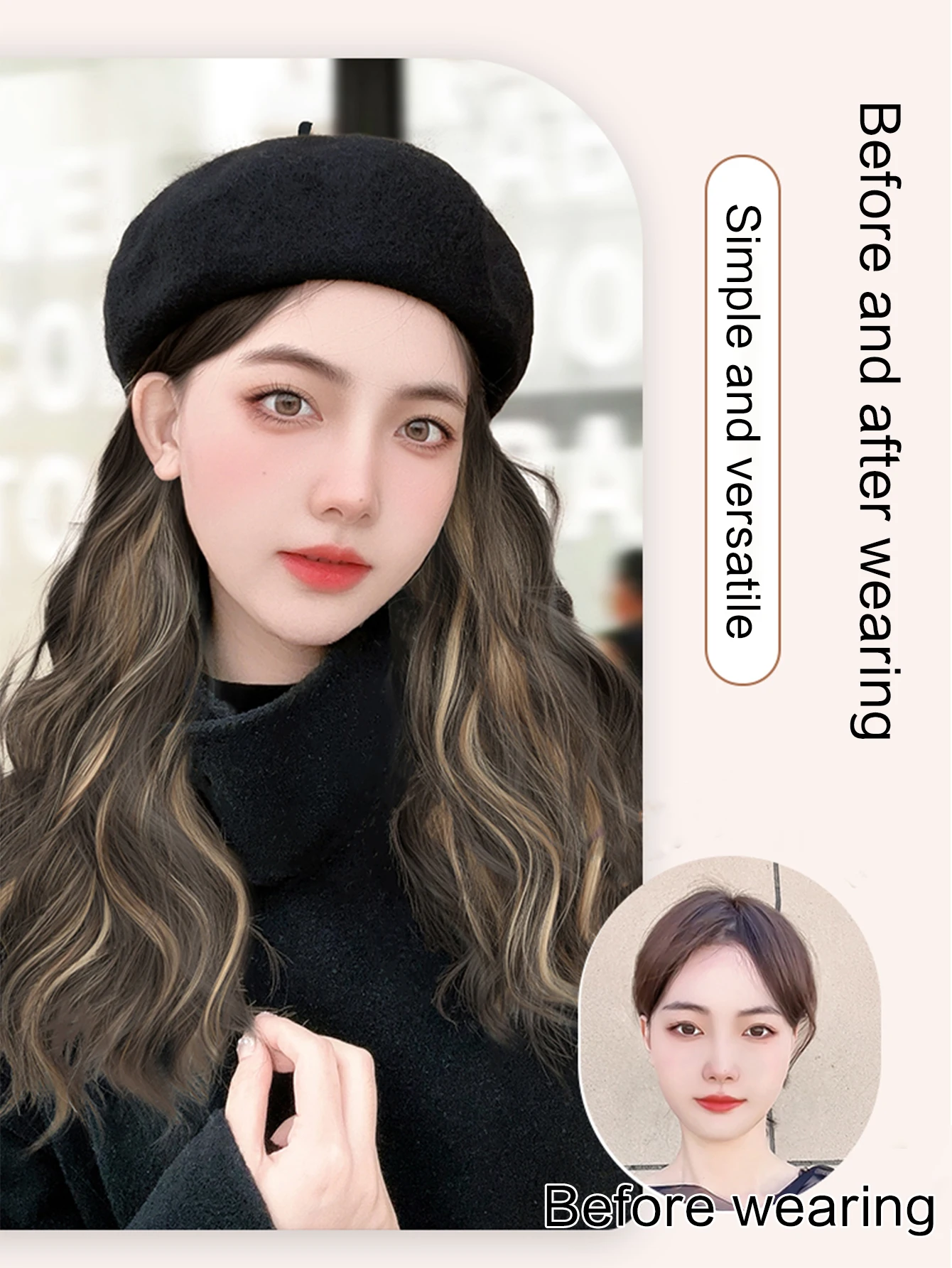 Hat Wig Fashion Women's Knitted beret Synthetic Long Straight wig Winter Hat Wig Hat One-piece Wig Keeps Warm and Fashionable