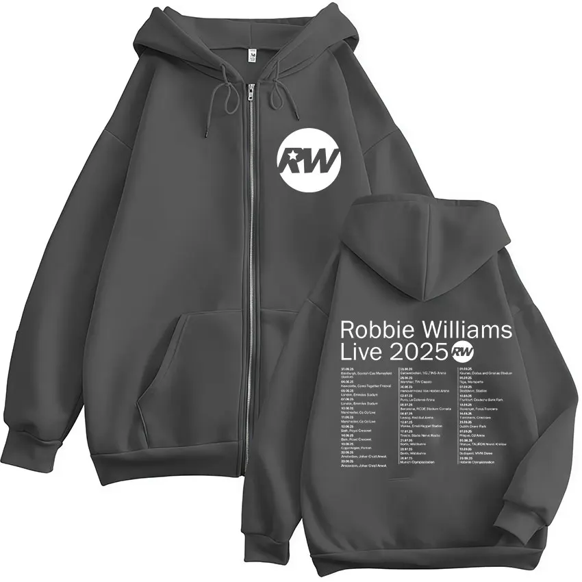 Robbie Williams Live Tour 2025 Rw Logo Zipper Hoodie Mens Women Casual Oversized Zip Up Sweatshirt Hip Hop Fleece Jacket Hoodies