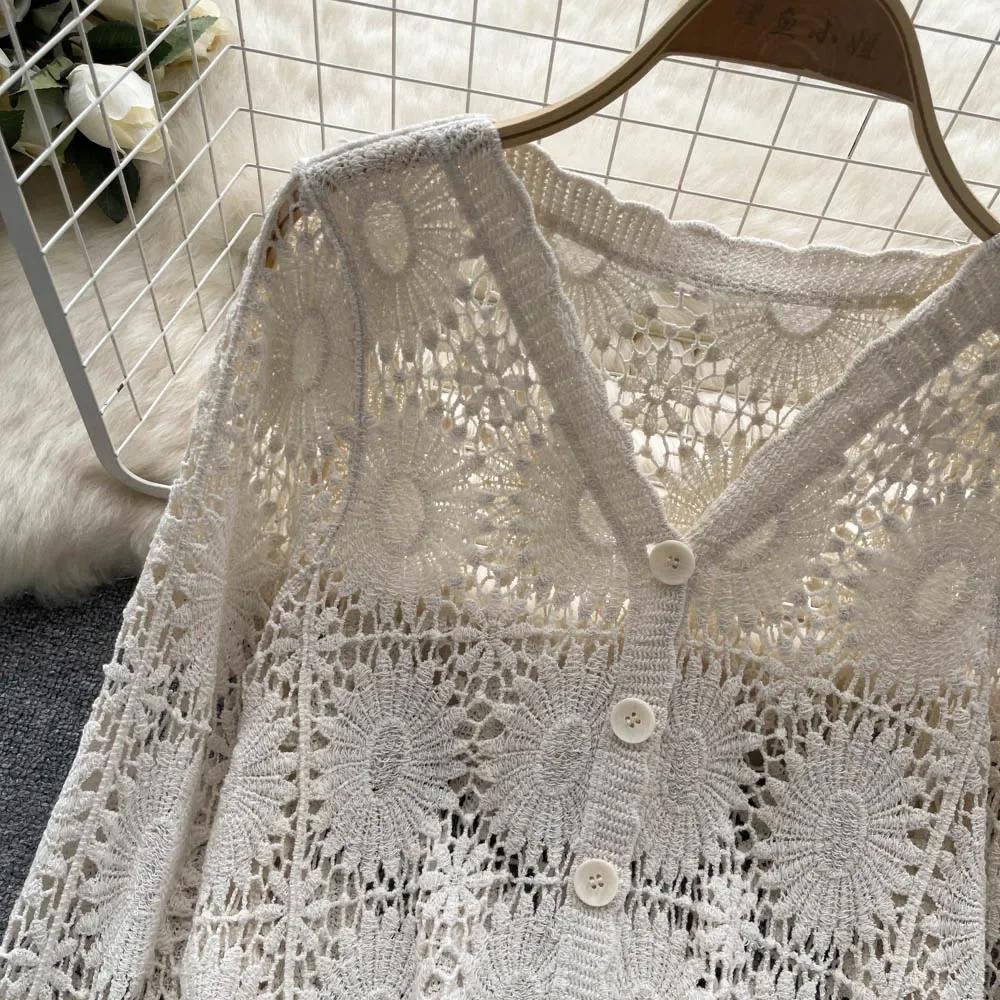 Women Crochet Floral Cardigans Sheer Open Knitted Top Casual Blouse Summer Boho Vacation Outfit