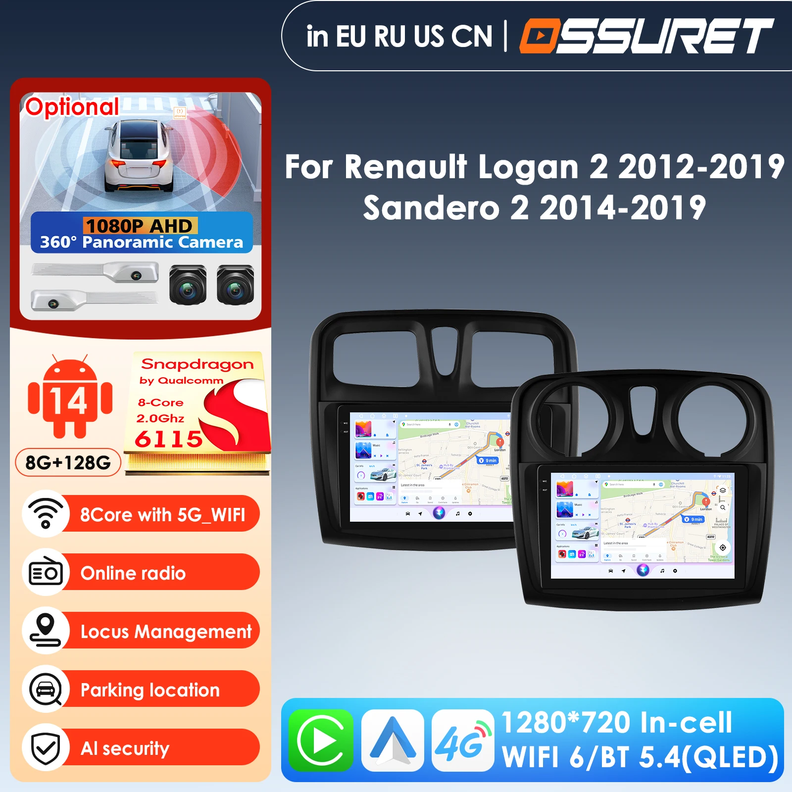 360 Camera AI Intelligent Player Carplay Auto 4G 2 Din Android Car Radio for Renault Logan 2 2014 - 2019 Sandero 2 Autoradio GPS
