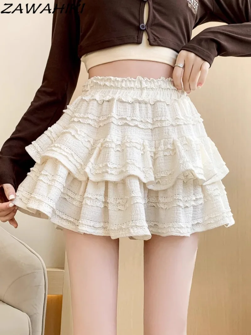 

ZAWAHIKI Pleated Skirt for Women Spring Fall New Arrive Tierred Solid Color Lace Patchwork High Waist Casual Versatile Faldas