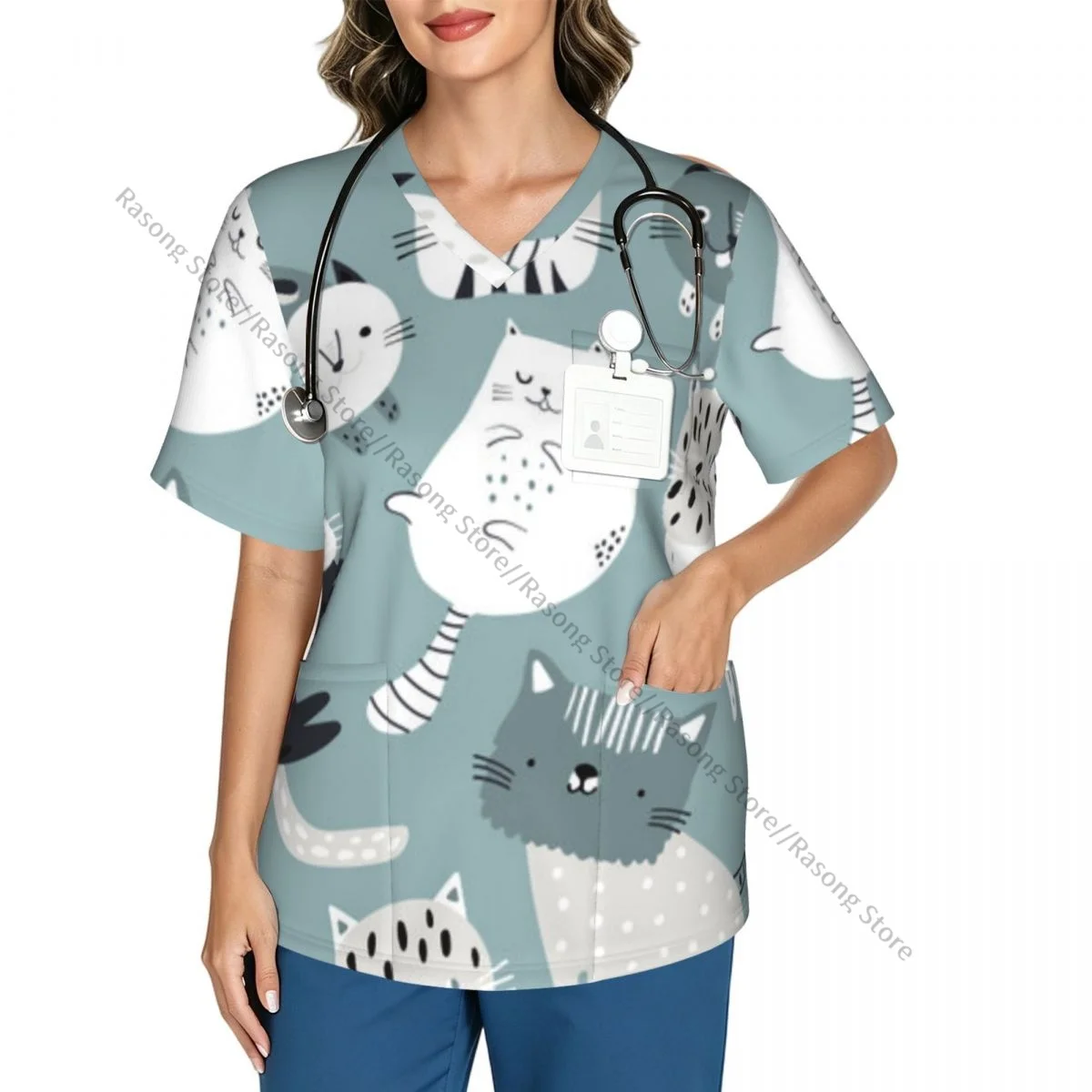 Women Scrubs Blouse Medical Nurse V-neck Clinical Scrubs Top Cute Cats And Kittens Operating Room Work T-shirt