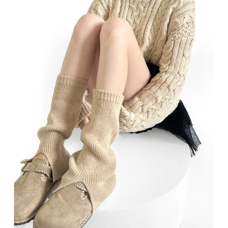 Korean Style Knit Leg Warmers for Schoolgirls Autumn Wool Blend Boot Cuffs with Split Detail Stacked Layering Socks for Women