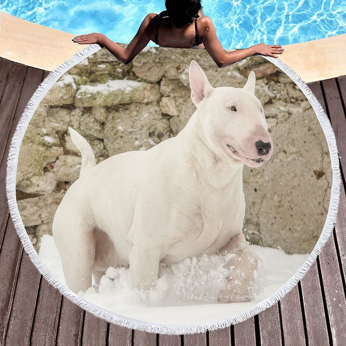 Round Pet Beach Towel,Running Bulldog Polyester Sand Resistant Beach Blanket,Absorbent Quick Dry Pool Towel Portable Picnic Mat