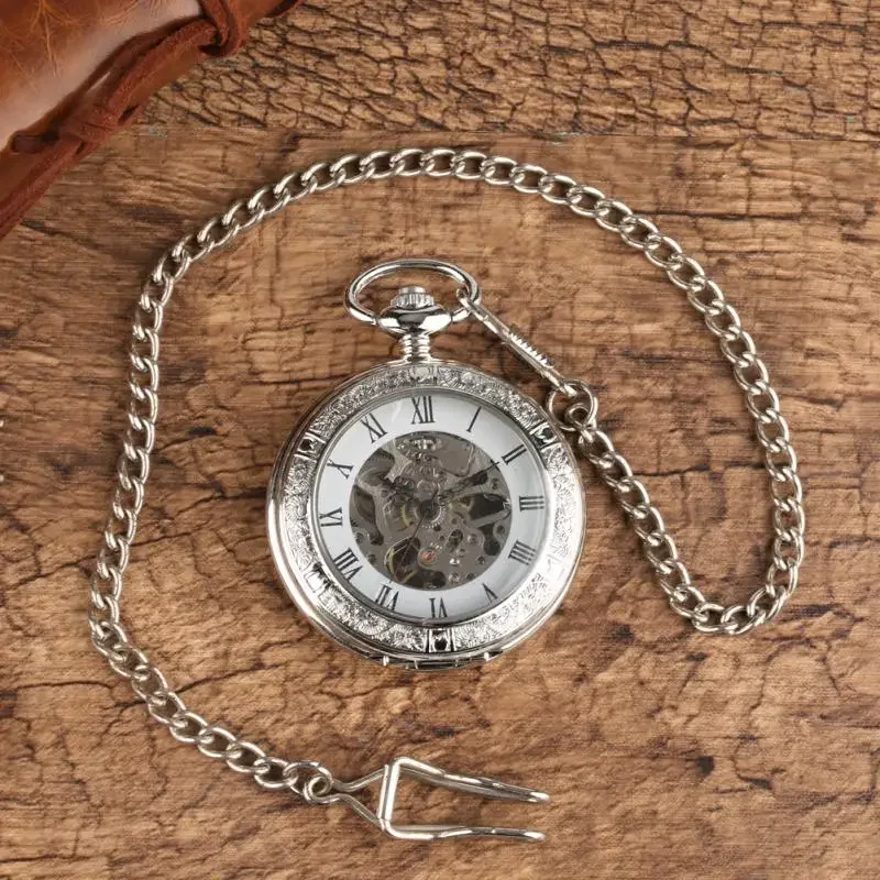 Vintage Hand Winding Mechanical Pocket Watch for Men Women Pendant Chain Half Hunter Roman Numerals Display Skeleton Clock
