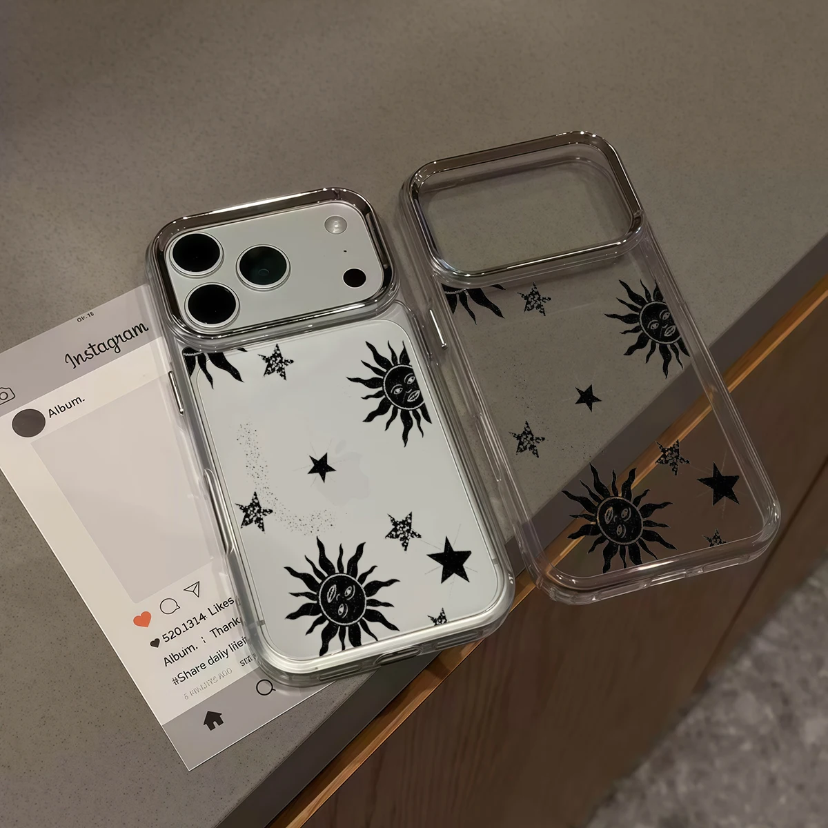 Pirve Phone Case For iPhone 18 17 16 15 14 Pro Max 16E Silver Lens Frame Transparent Shell Sun Moon Stars Cover