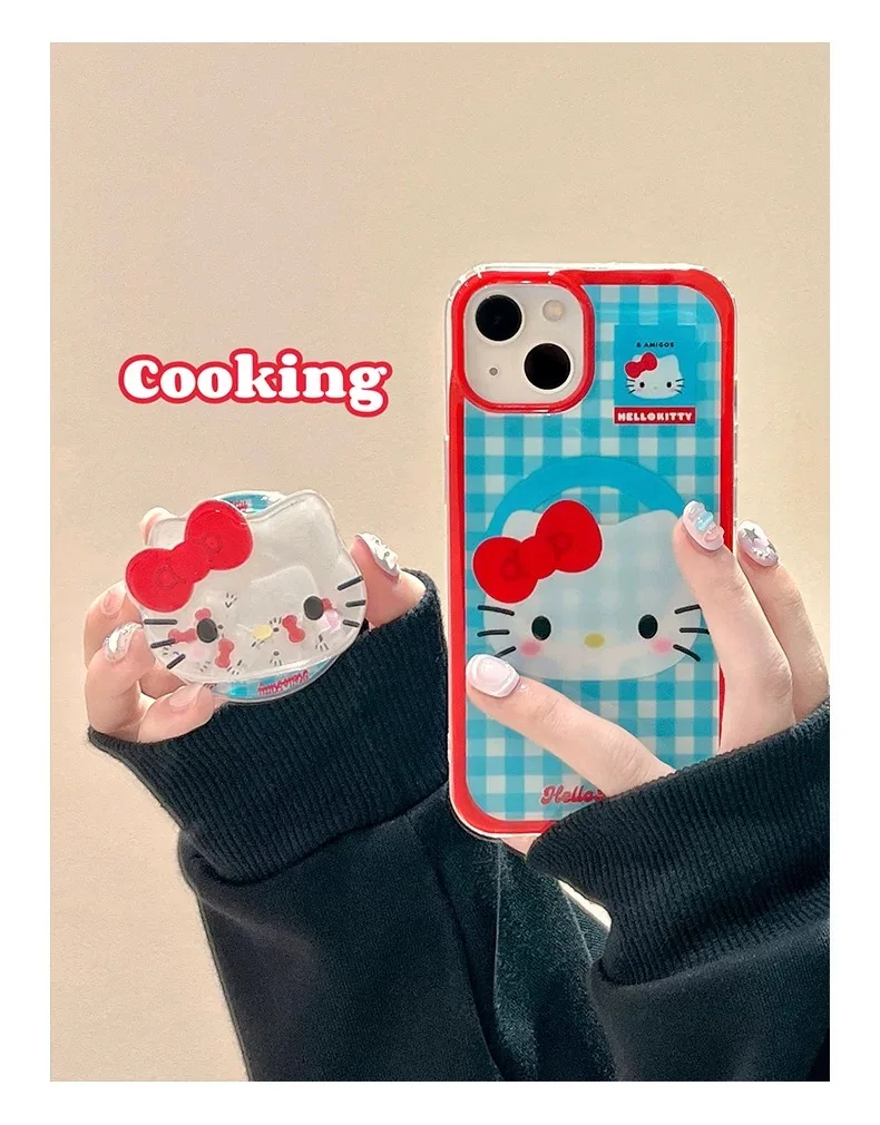 Cartoon Cute Hello Kitty Lattice Magsafe Wireless Charge Case For iPhone 12 13 14 15 16 Pro Max Funny Shake Kitty Magnetic Stand