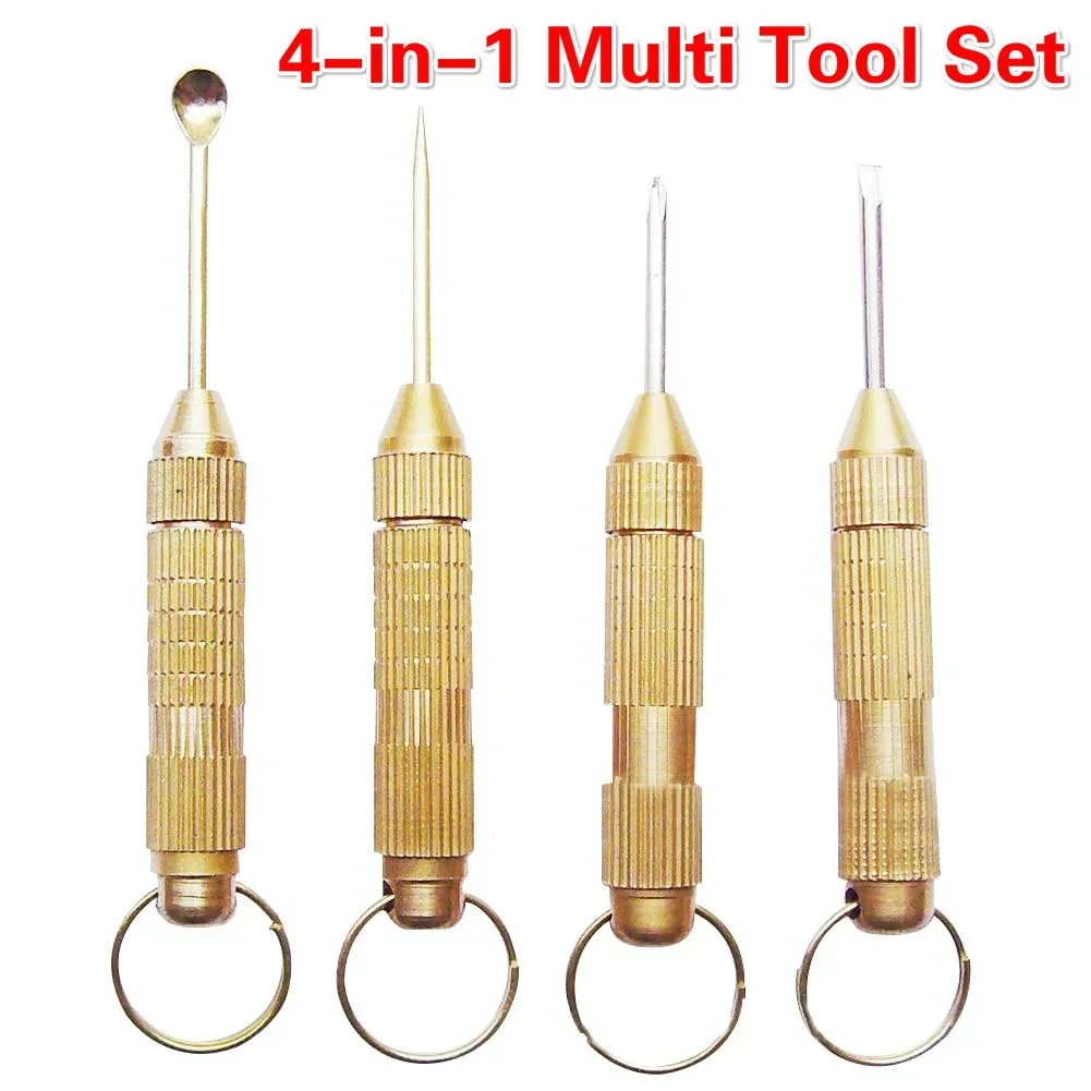 4set Household Portable 4-in-1 Multi Tool Set Copper Material Cross Screwdriver Toothpick Ear Pick Pin Key Chain