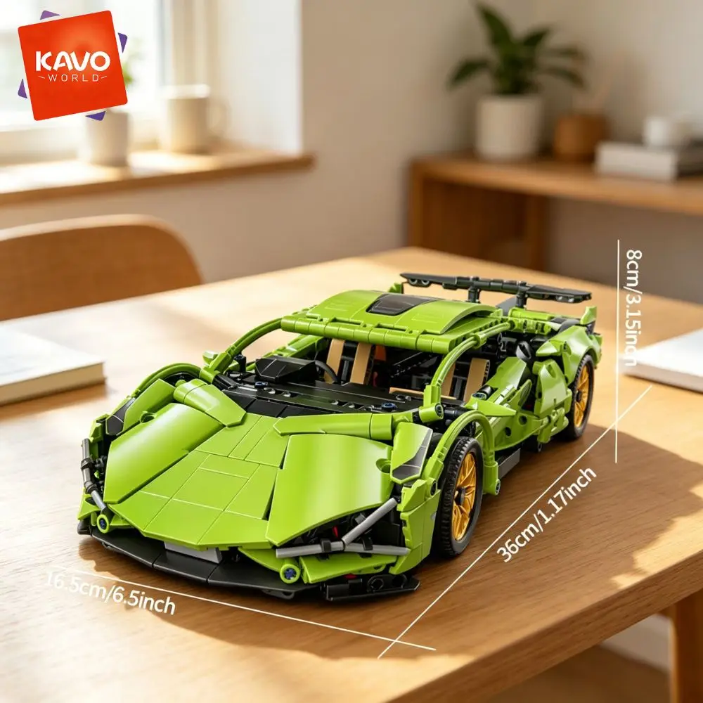 KAVOWORLD 1:14 Scale Technical Super Speed Sports Car Building Blocks Set 806pcs Vehicle Assemble Building Bricks Model Kit with Scissor Doors and Golden Modified Rims, DIY Assembly Desk Decor Toy, Ideal Birthday Christmas Gift