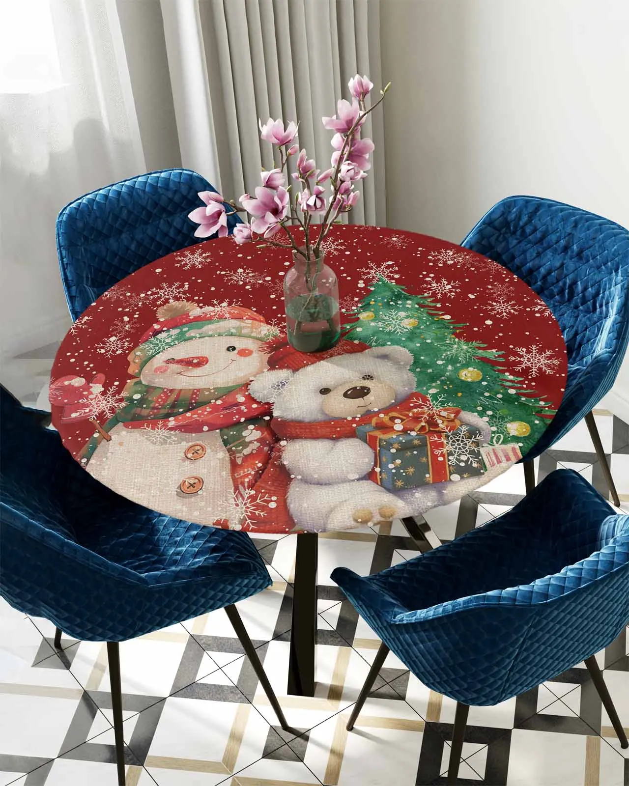 Christmas Snowflake Bear Snowman Round Elastic Edged Table Cover Protector Cloth Waterproof Fitted Tablecloth