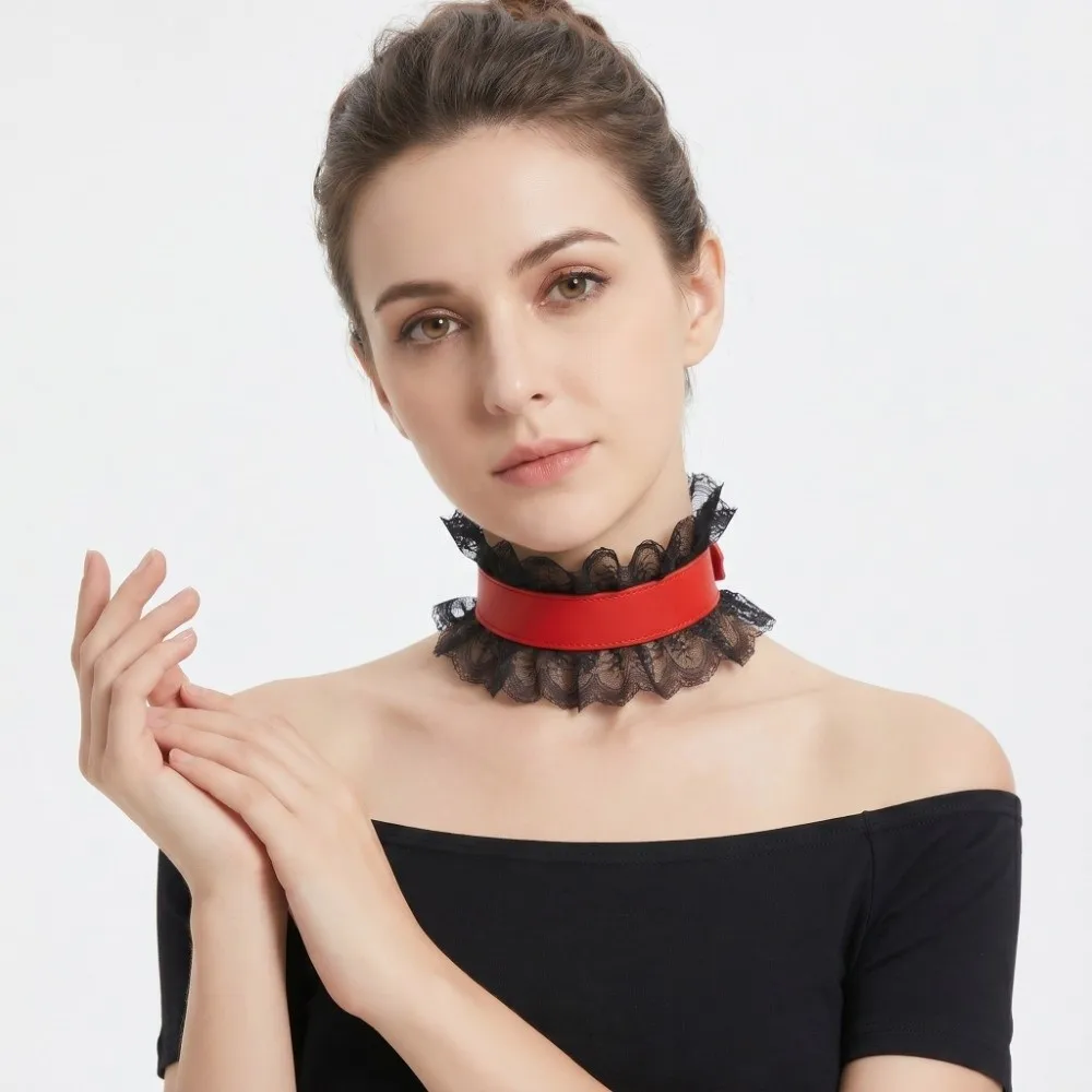 Black Red Color Pu Leather Choker Ruffled Floral Lace Vintage Style Lace Lolita Choker Adjustable Chunky Gothic Neck Ruff