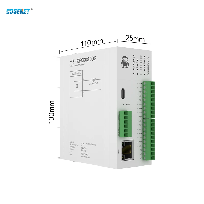 8AI Differential Current 0-20mA/4-20mA/±20mA Remote IO Module RS485 Ethernet CDSENET M31-XFXX0800G Modbus Easy Expansion DC9-36V