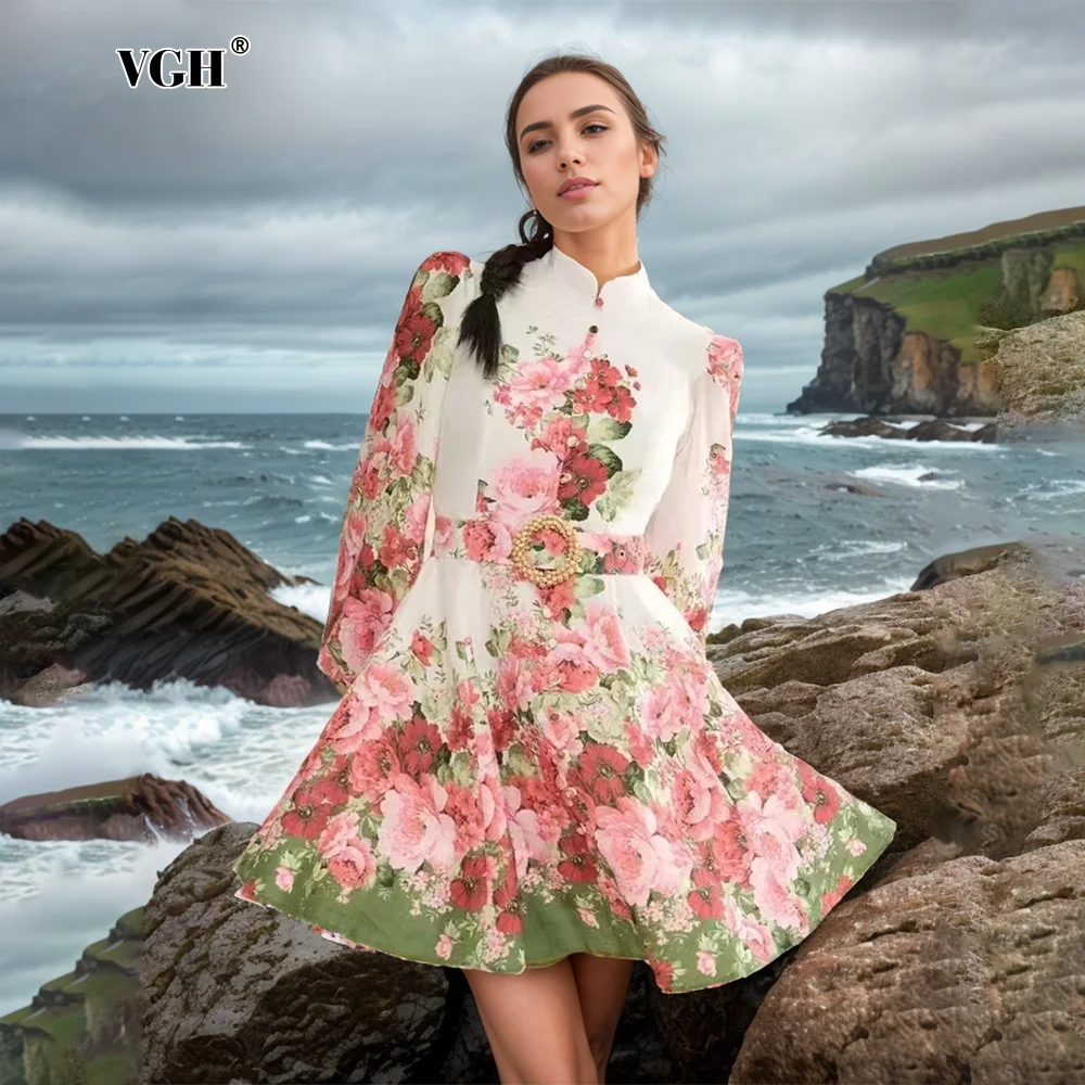 

VGH Floral Printing Patchwork Belt Mini Dress For Women Stand Collar Lantern Sleeve High Waist Colorblack Mini Dresses Female