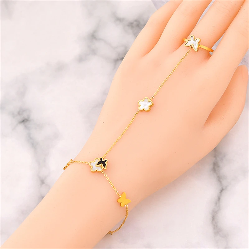 316L Stainless Steel New Fashion Fine Jewelry 5 Different Style Charm Bracelets Back Of the Hand Chain Ring All In One For Women