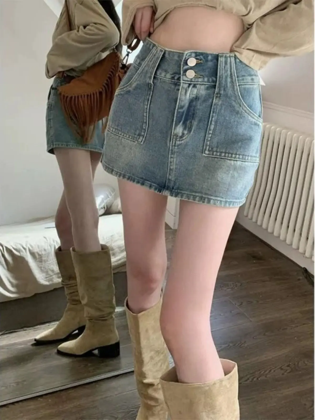 Women's Blue A-line Wrap Denim Skirt Vintage 2000s Korean Style High Waist Jean Skirt Harajuku Y2k Cowboy Skirt Summer Clothes