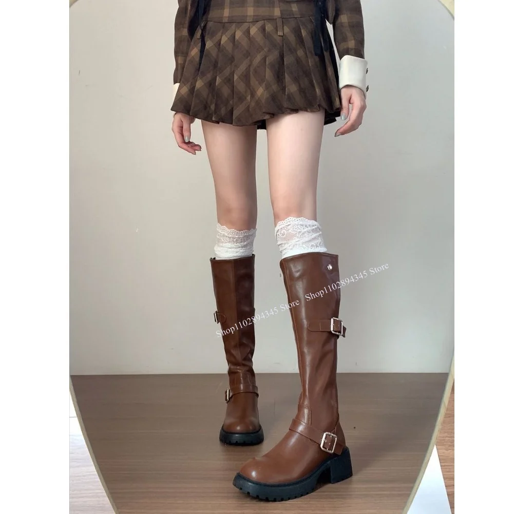 Black Knee High Buckle Boots Chunky Heel Cool Comfort Fashionable Sexy Summer Casual Big Size Woman Shoes Zapatillas Mujer