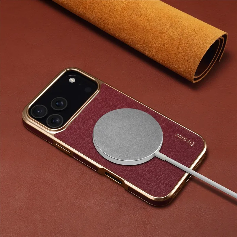 Premium Genuine Leather Magnet Phone Case For iPhone 12 13 14 15 16 17 Pro Max Air Plus Top-grain Leather Metal Buttons Cover