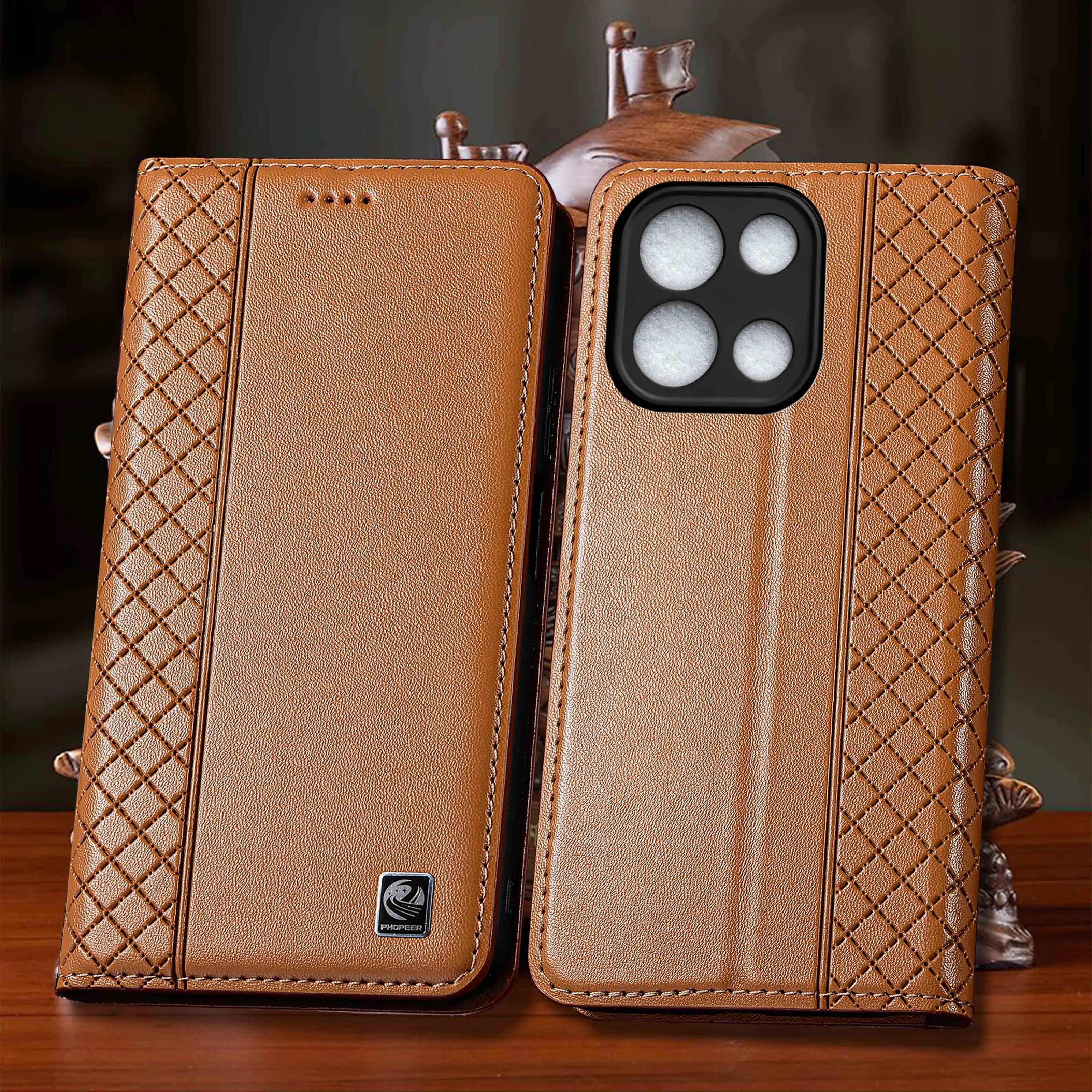For Oneplus Nord 2 CE2 3 CE3 4 CE4 5 CE5 6 CE6 Lite Napa Inner Grid Pattern Of Genuine Leather Flip Phone Case Cowhide Non-Slip