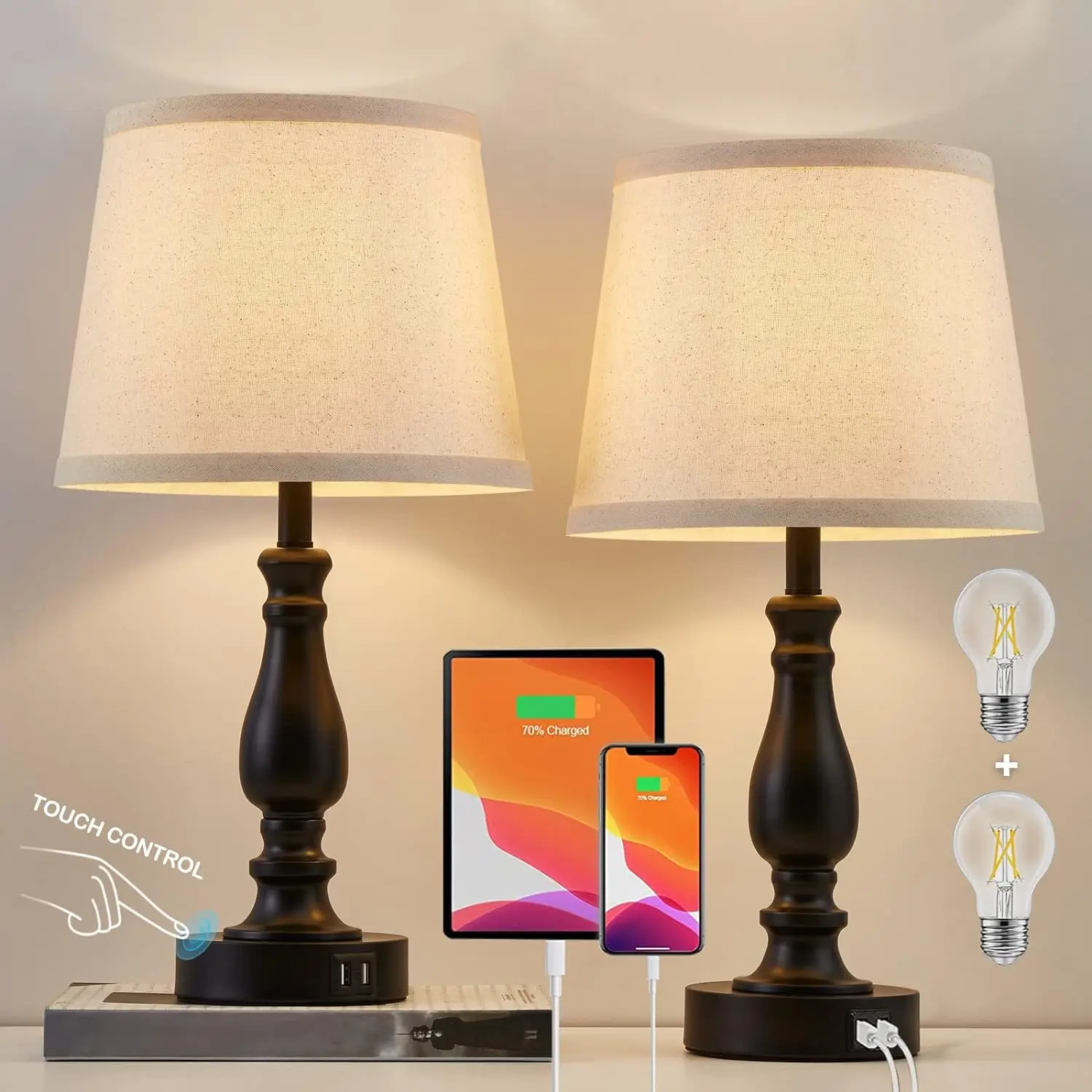 

Lamps for Bedrooms Set of 2, Touch Bedside Table Lamps with USB Ports, 3 Way Dimmable Nightstand Lamps with Round Fabric