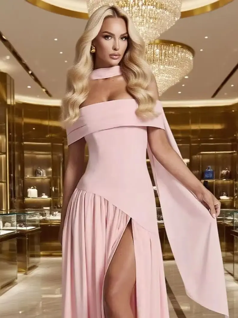 Weird Puss Sexy Slash Neck Split Dress Women Irregular Ribbon Ruched Elegant Stretch Skinny Basic Evening Birthday Party Bodycon