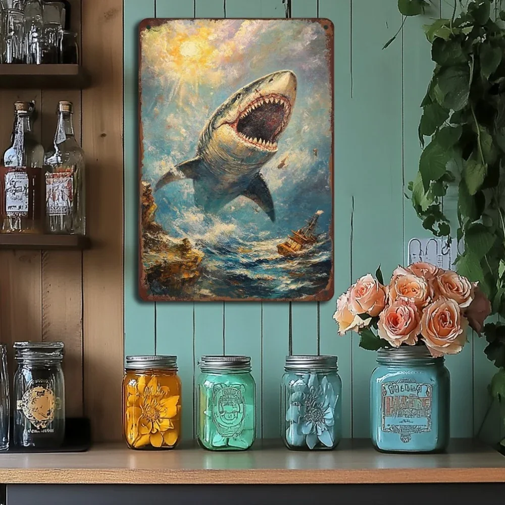 Vintage Shark Seascape Metal Wall Art 8x12 Inch Tin Sign Classic Iron Painting Technique Versatile Office Decor Home Wall Decor