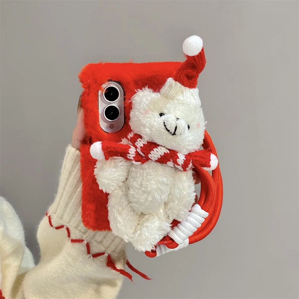 Cute Holiday Fuzzy Plush Bear Doll Hat Phone Case for Samsung Galaxy Z Fold 8 Ultra Red Woven Strap Protective Cover For Flip8-3