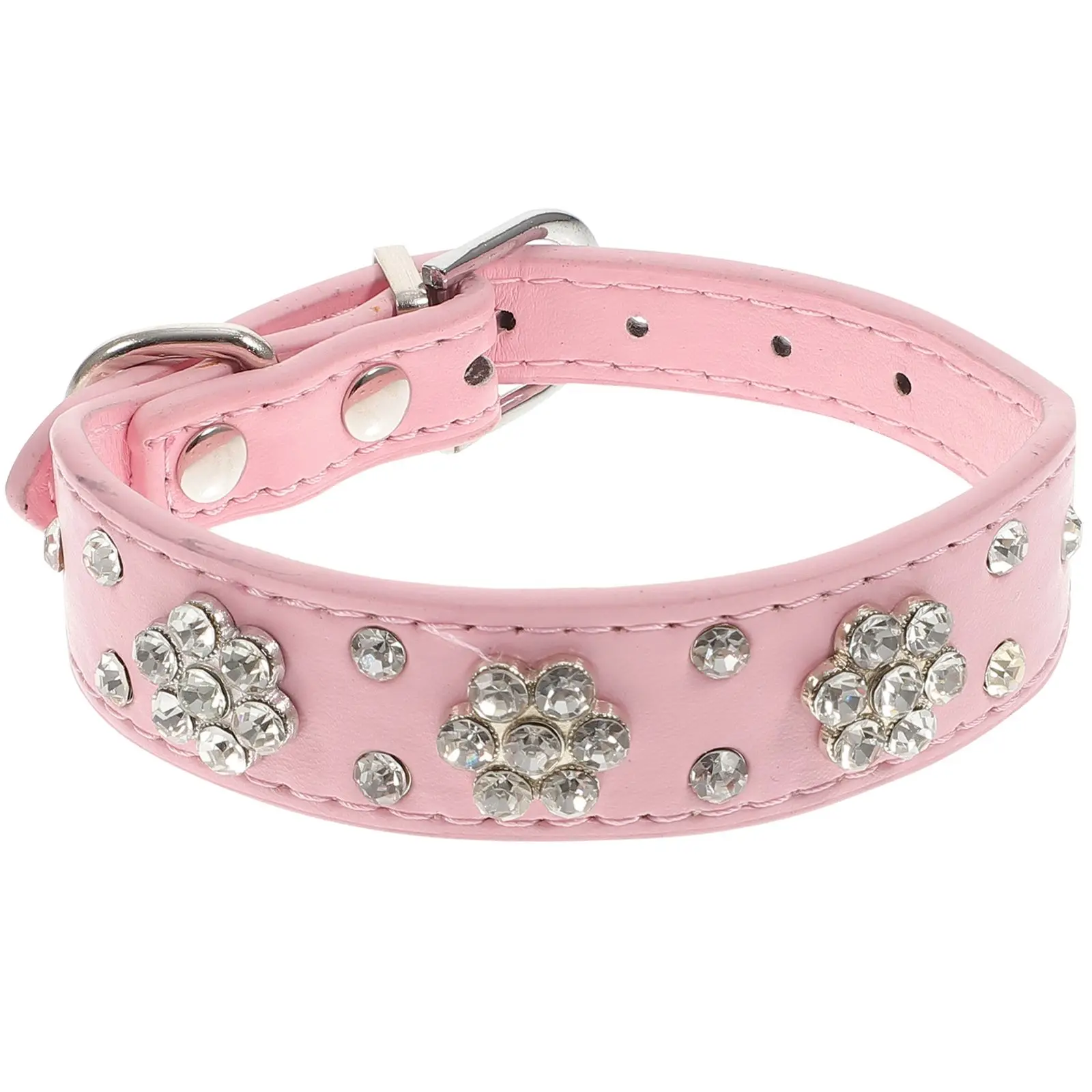

Rhinestone Dog Collar Pink Adjustable 27cm to 32cm PU Pet Safety Collar with D Ring for Puppy Crystal Diamonds