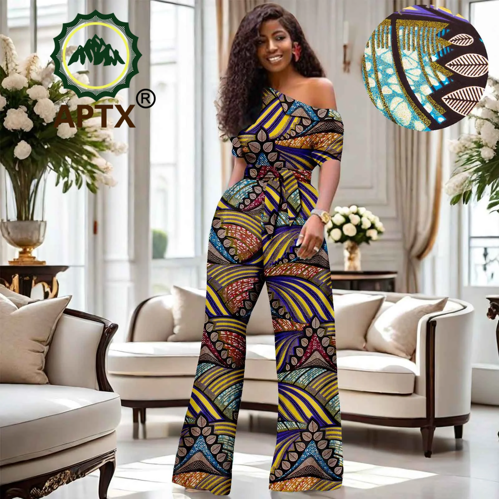 African Women\'s Dashiki Printed Skew Collar High Waisted Cotton Jumpsuit Dashiki Fashion One Piece Suit Set