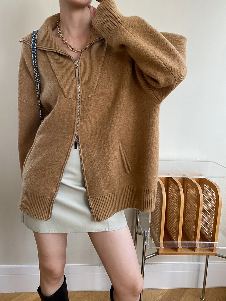 [EAM] Camel Big Size Thick Elegant Knitting Cardigan Sweater Lapel Long Sleeve Women New Fashion Tide Spring Autumn 2025 26D55