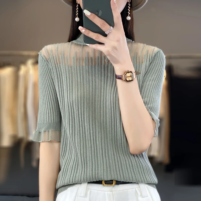 Cashmere Sweater Half sleeve Women Summer  2023  Cashmere Short sleeve Tops Women Lace Cashmere Pullovers Female