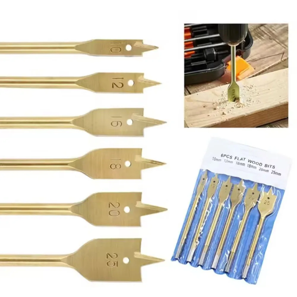 Blade drill set, flat blade drills, hole cutter, titanium coating, carbon steel carpentry tool, 10/12/16/18/20/25mm, 6 pcs.
