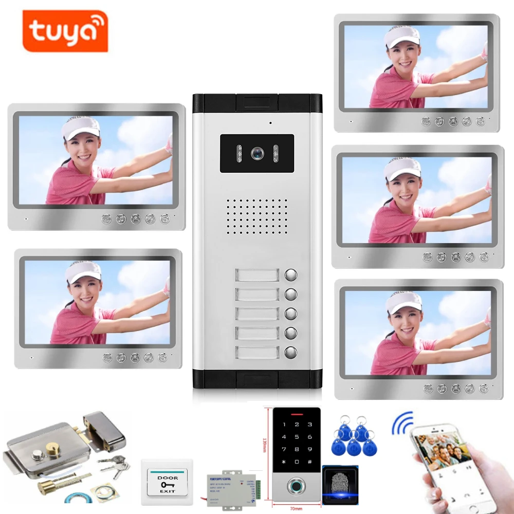 TUYA 9 Inch WiFi Video Intercom Smart Home APP Wired Video Door Phone Fingerprint Access Control System for 2~5 Family Apartment