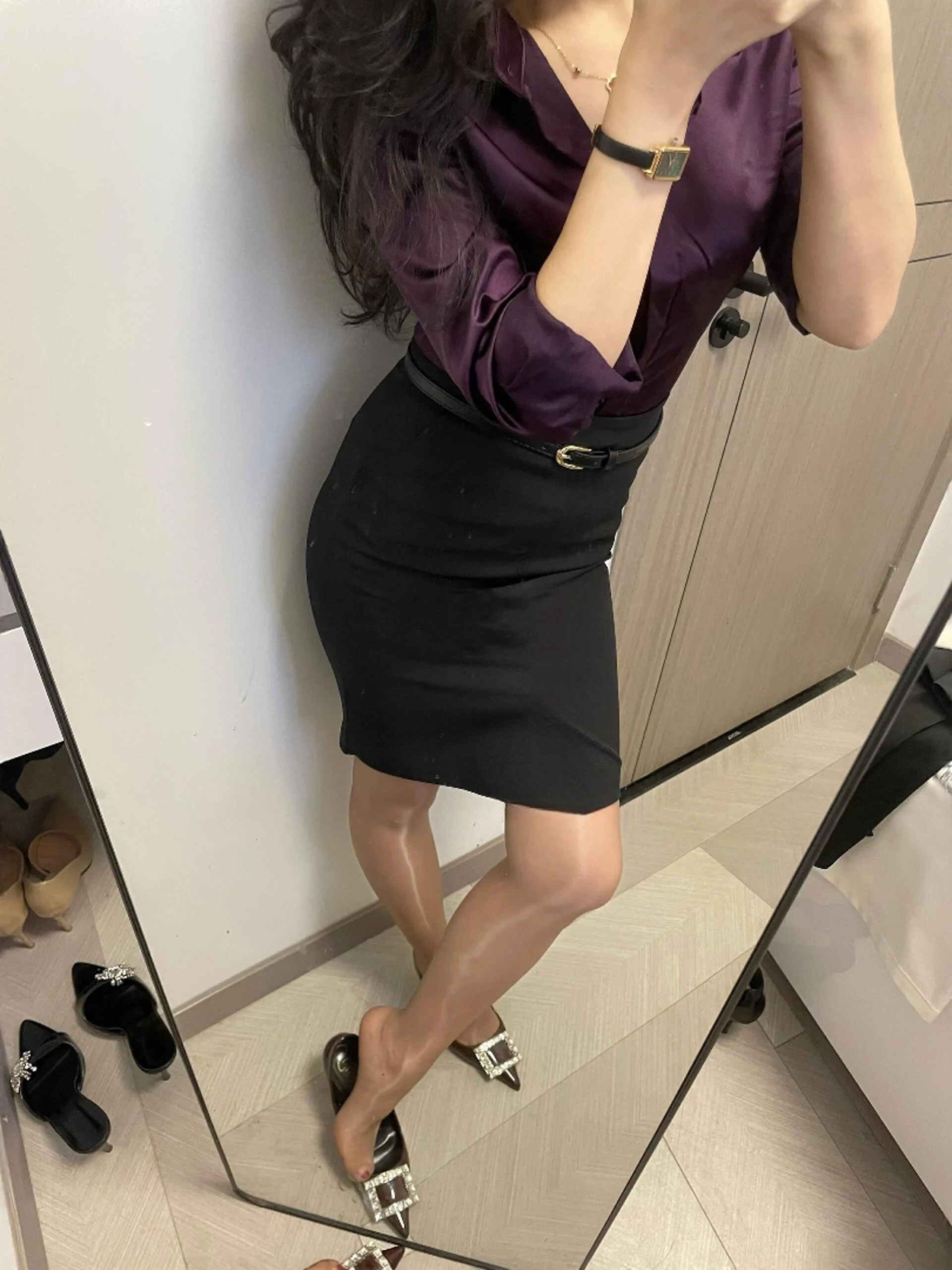 

Profional Feel Single Button Purple Satin irt High Waist Elastic Slim Fit f Body Skirt Gold Secretary Outfit Set