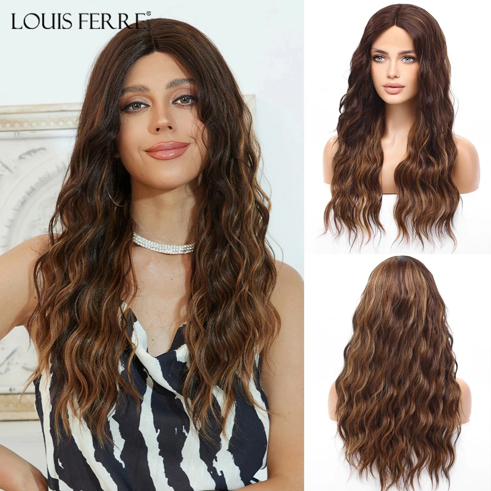 LOUIS FERRE Long Wavy 13*1 Lace Front Synthetic Wigs for Black Women Dark Brown Mixed Blonde Highlight Lace Hair Daily Cosplay