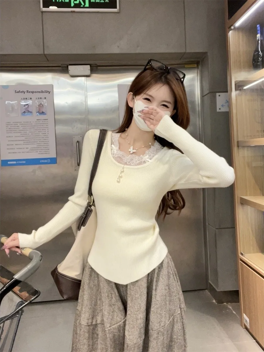 

Ele Lace Trim U-Ne Knitwear Slim Fit Women's Sweater Spring Autumn New Sle Splicing Sense Top Luxury Sle Soft Material