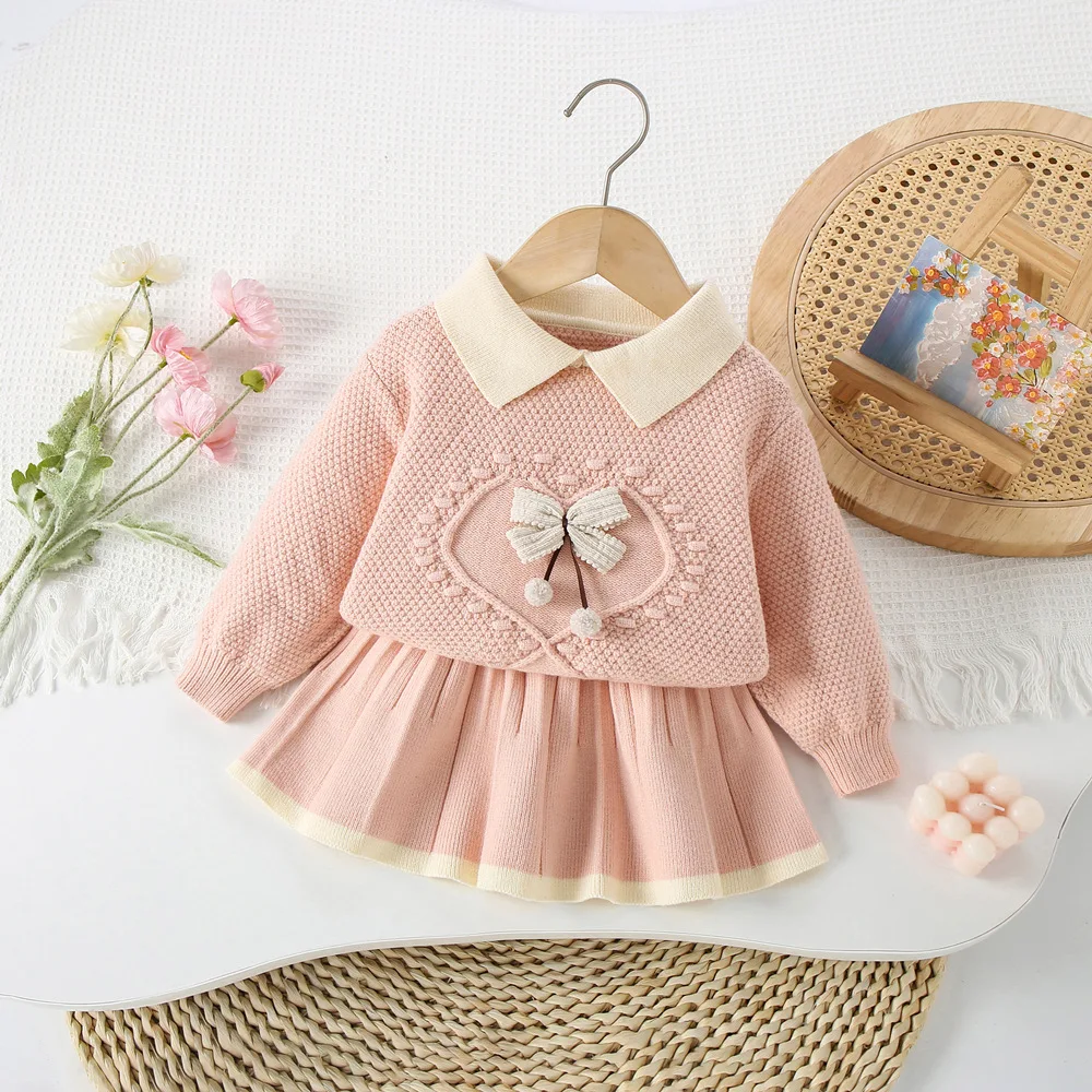 New Autumn Kids Sweater Set 9M-5T Cute Bow Girls Knitted Pullover +Skirts Korean Version Children Fall Knit Outfit