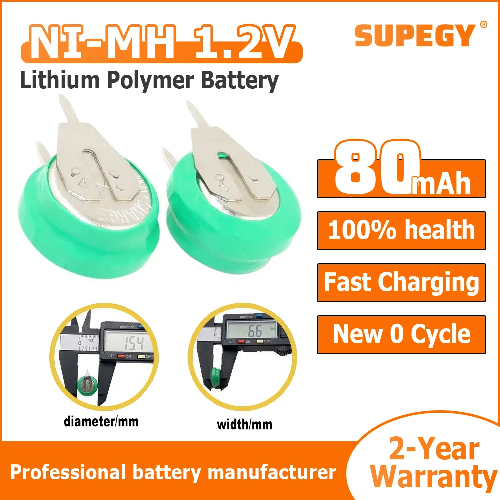 1.2V 80mAh Ni-MH Rechargeable Batteries Coin Cell with Solder Pins Rechargeable Button Cell Battery for Electric Toys