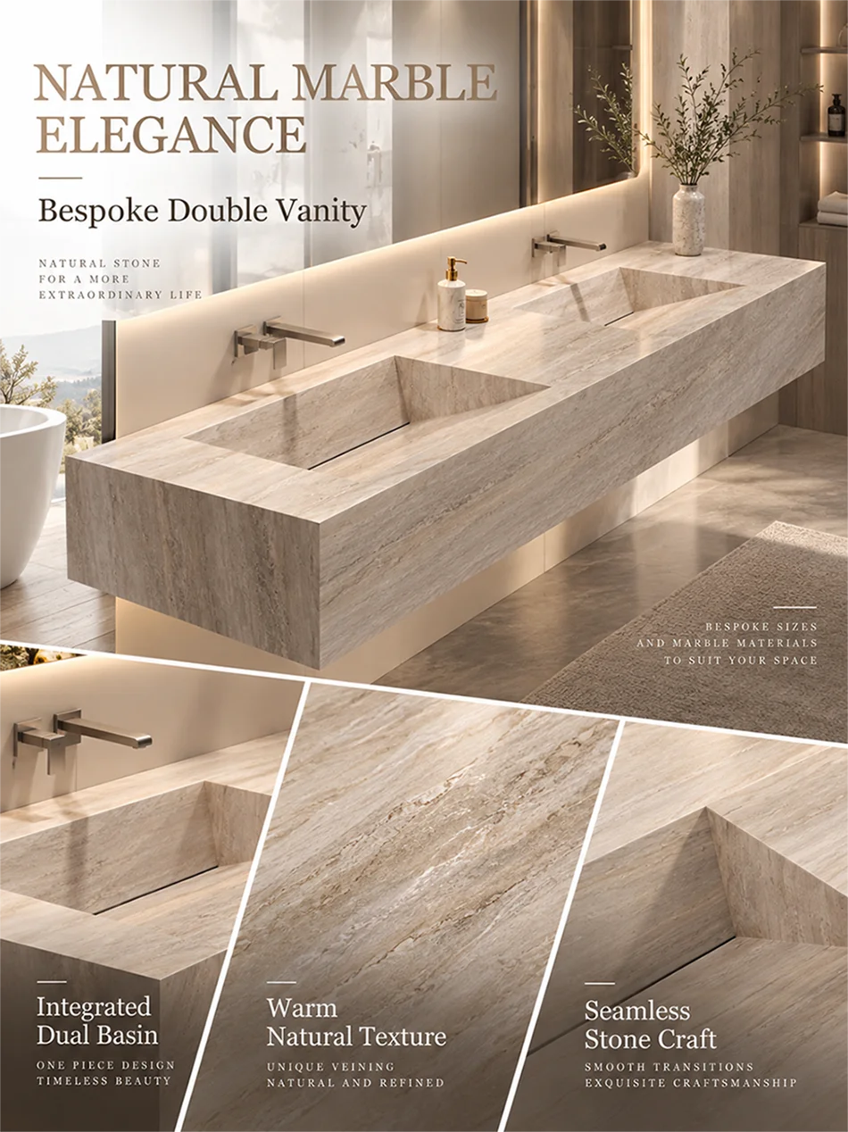 Any Size Custom Luxury Natural Stone Bathroom Vanity Set Integrated Sink Single Double Sink Stain Resistant Waterproof Durable H