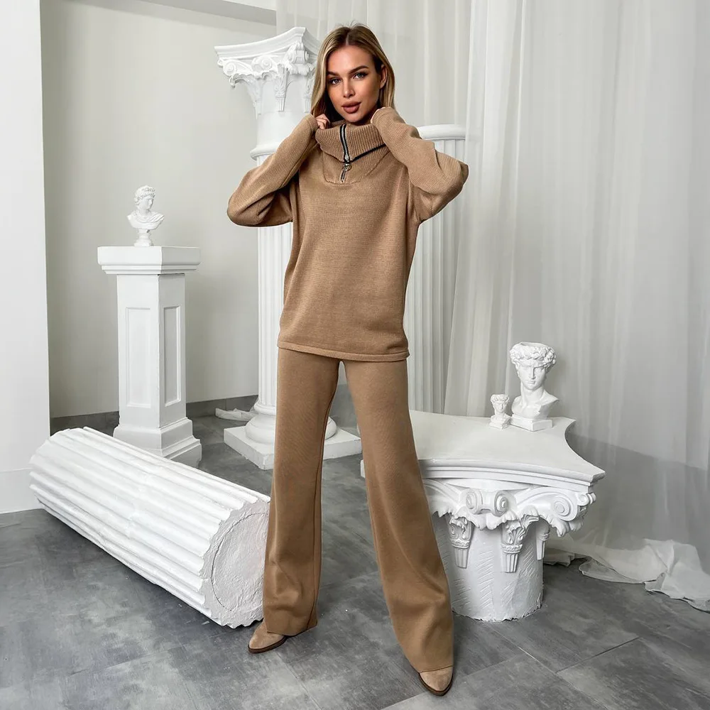 

Solid Knitting Casual Pants Outfit Spring Women Half High Collar Long Sleeves Top+High Waist Wide Leg Pants Autumn Two Piece Set