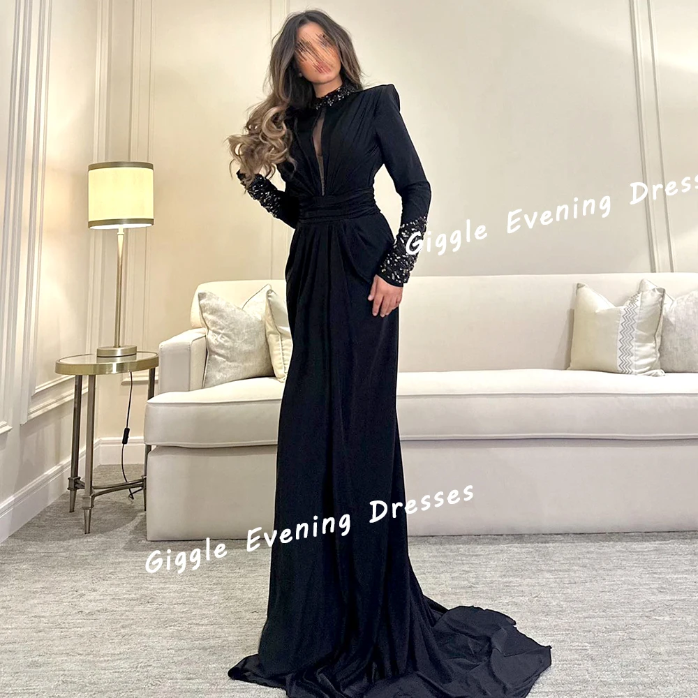 Giggle Crepe O-neck Beaded Close-Fitting Elegance Prom Gown Saudi Arab Pleated Floor-Length Evening Party Dresses for Women 2024