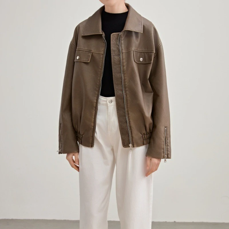 

2025 Spring and Autumn Women's Motorcycle Leather Retro Made Old Washed Faded Leather Coat