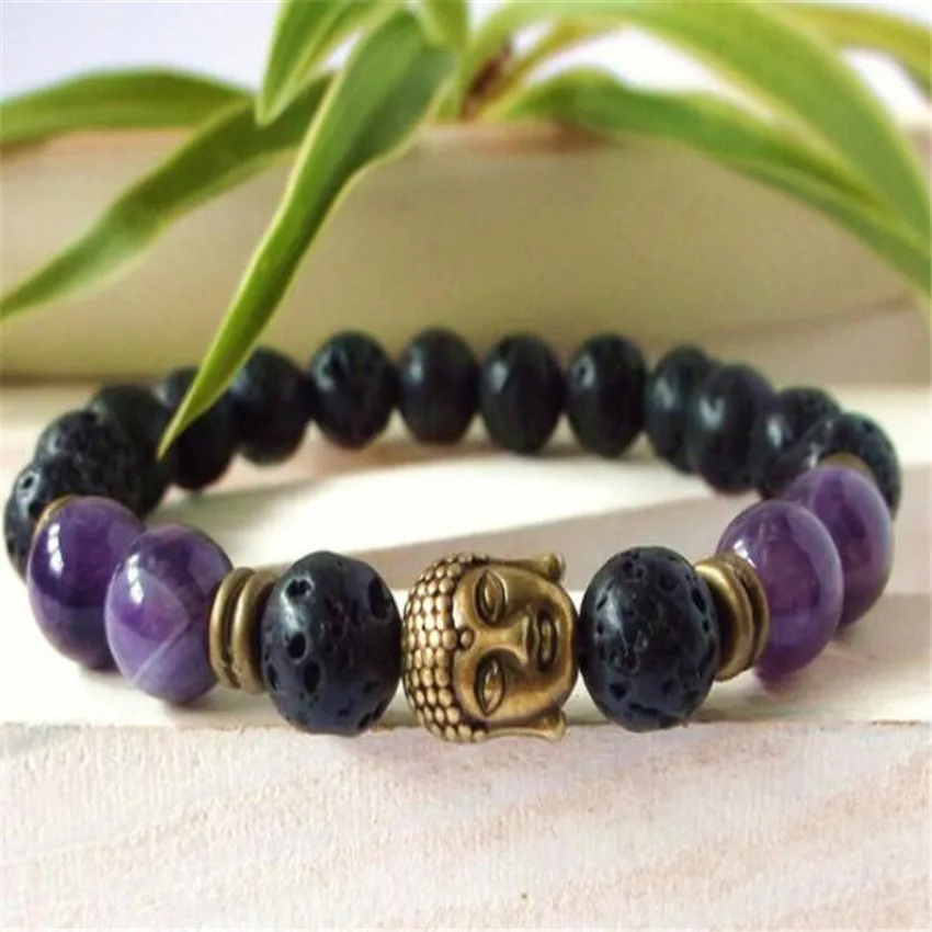 

8mm Amethyst Gemstone Lava Stone Mala Bracelet 7.5 inches Cuff Trendy Handmade Eco-Friendly Adjustable Unisex Prayer