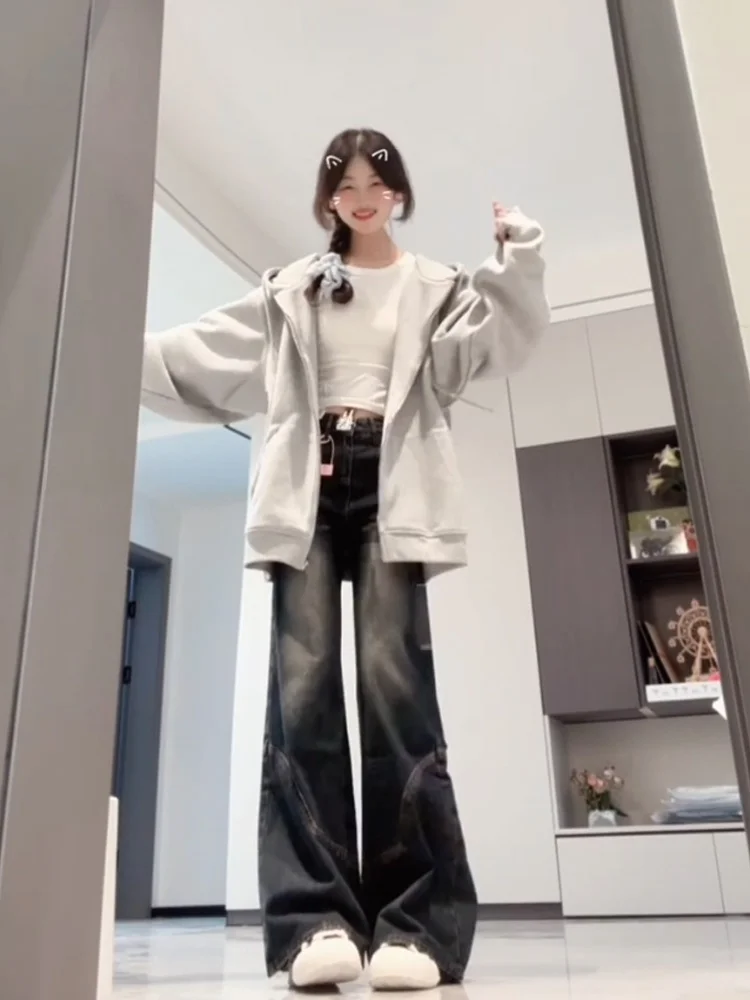 미국 하이 스트리트 벨 보트 진 여성용 봄 가을 2025 신상 레트로 하이웨이스트 슬림 스트레이트 와이드 레그 허프 팬츠